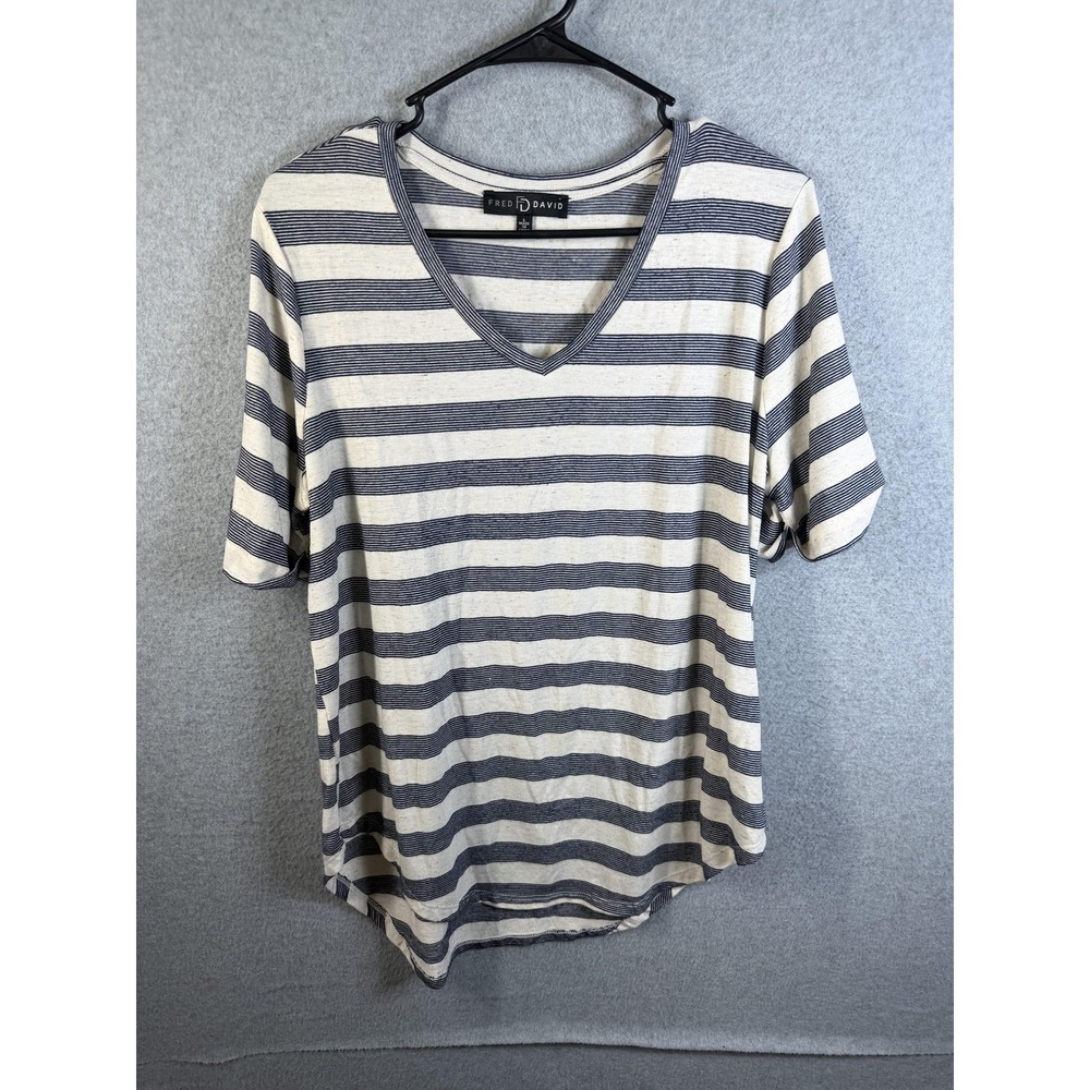 Fred David Shirt Womens Large Blue White Striped V Neck Roll Tab Tunic Top